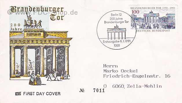 Ersttagsbrief BUND Mi-Nr: 1492, 200 Jahre Brandenburger Tor, Berlin