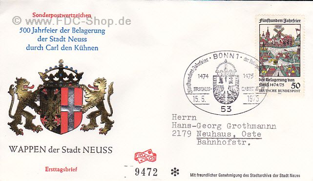 Ersttagsbrief BUND Mi-Nr: 843, 500. Jahrestag der Belagerung der Stadt Neuss durch Karl den Kühnen