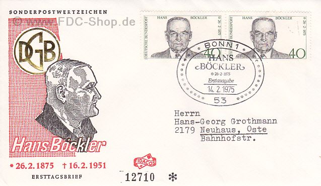 Ersttagsbrief BUND Mi-Nr: 832, 100. Geburtstag von Hans Böckler
