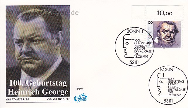 Ersttagsbrief BUND Mi-Nr: 1689, 100. Geburtstag von Heinrich George (Stempel Bonn)