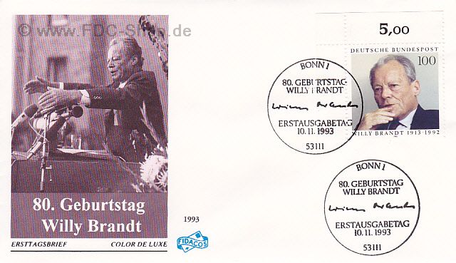 Ersttagsbrief BUND Mi-Nr: 1706, 80. Geburtstag von Willy Brandt