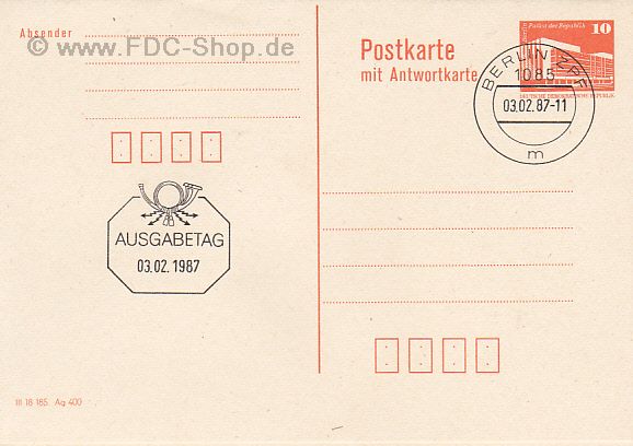 Ganzsache DDR, Mi-Nr. 2484, Freimarke: Aufbau der DDR (Postkarte mit Antwortkarte, gestempelt)